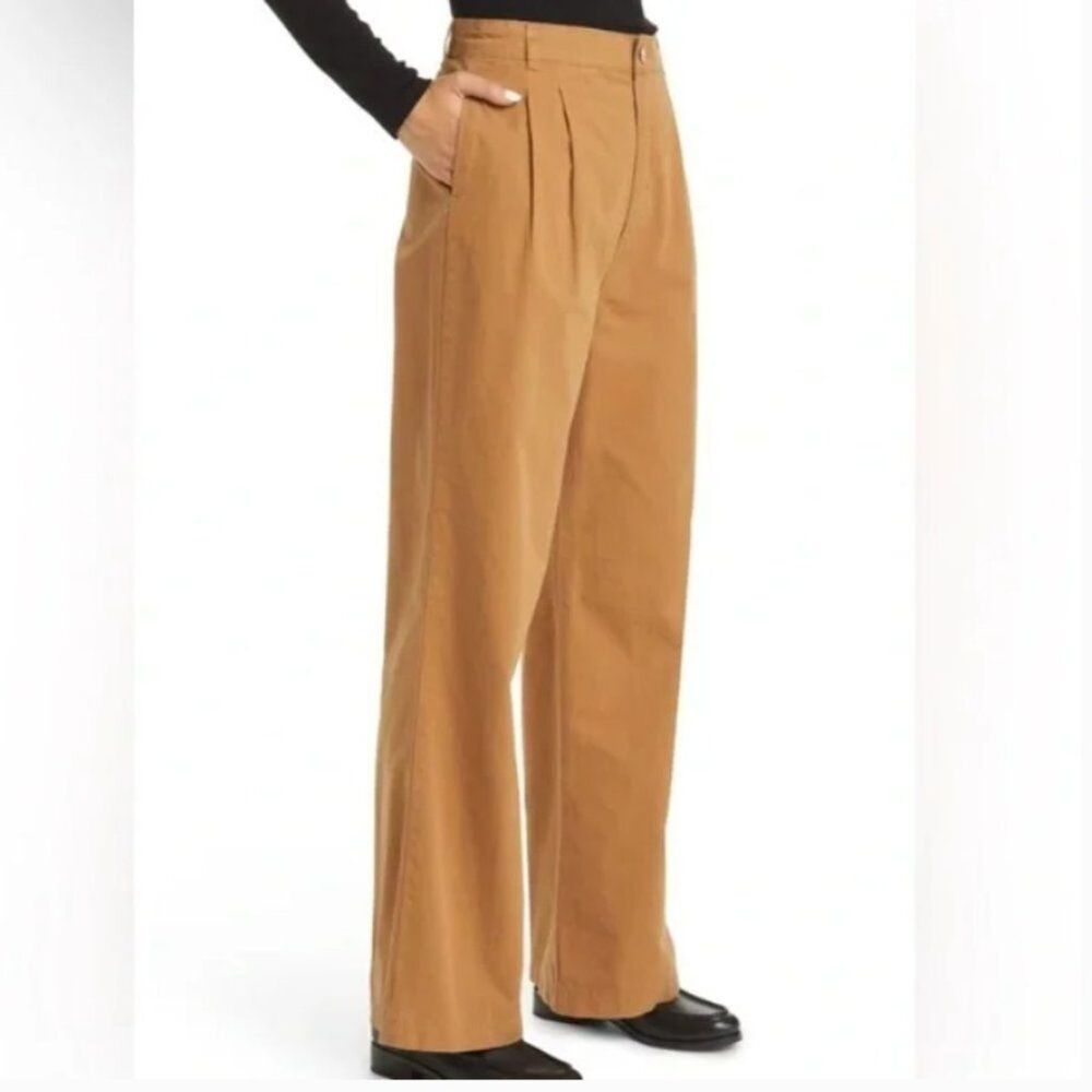FRAME Women's Trousers Pleated Front Wide Leg Cotton Chinos in Camel size 24